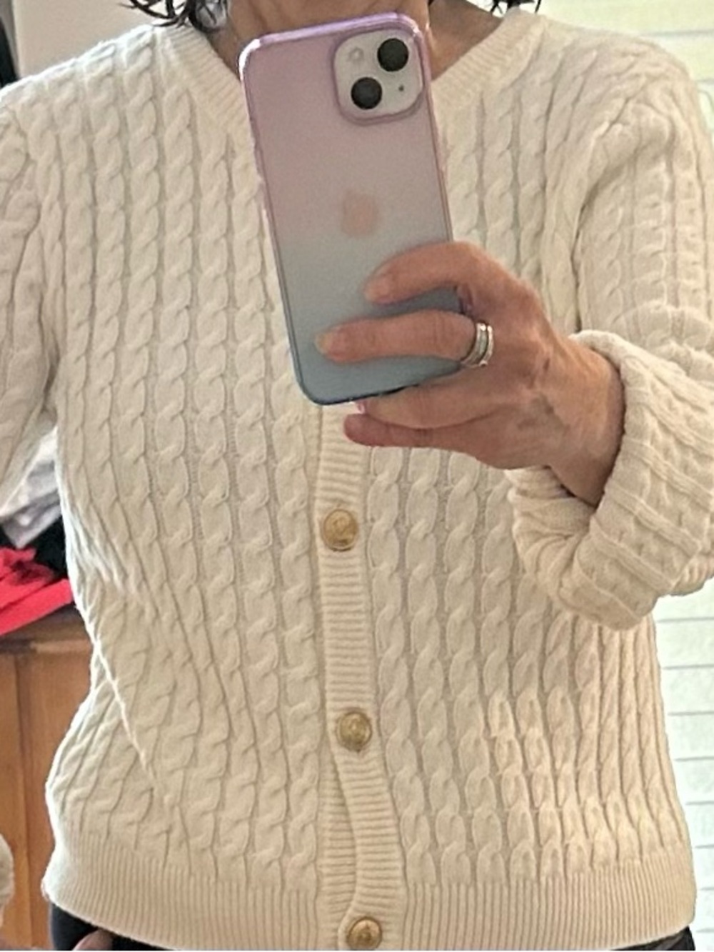 Cream Cable-Knit Gold Button Front Women's Sweater Cardigan M